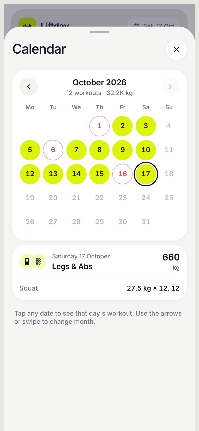Calendar showing done and missed days
