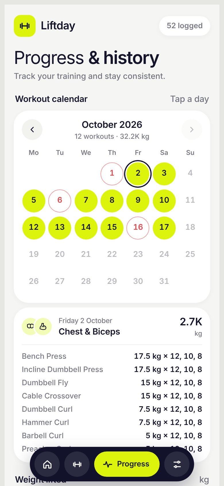Progress calendar with a day's workout details