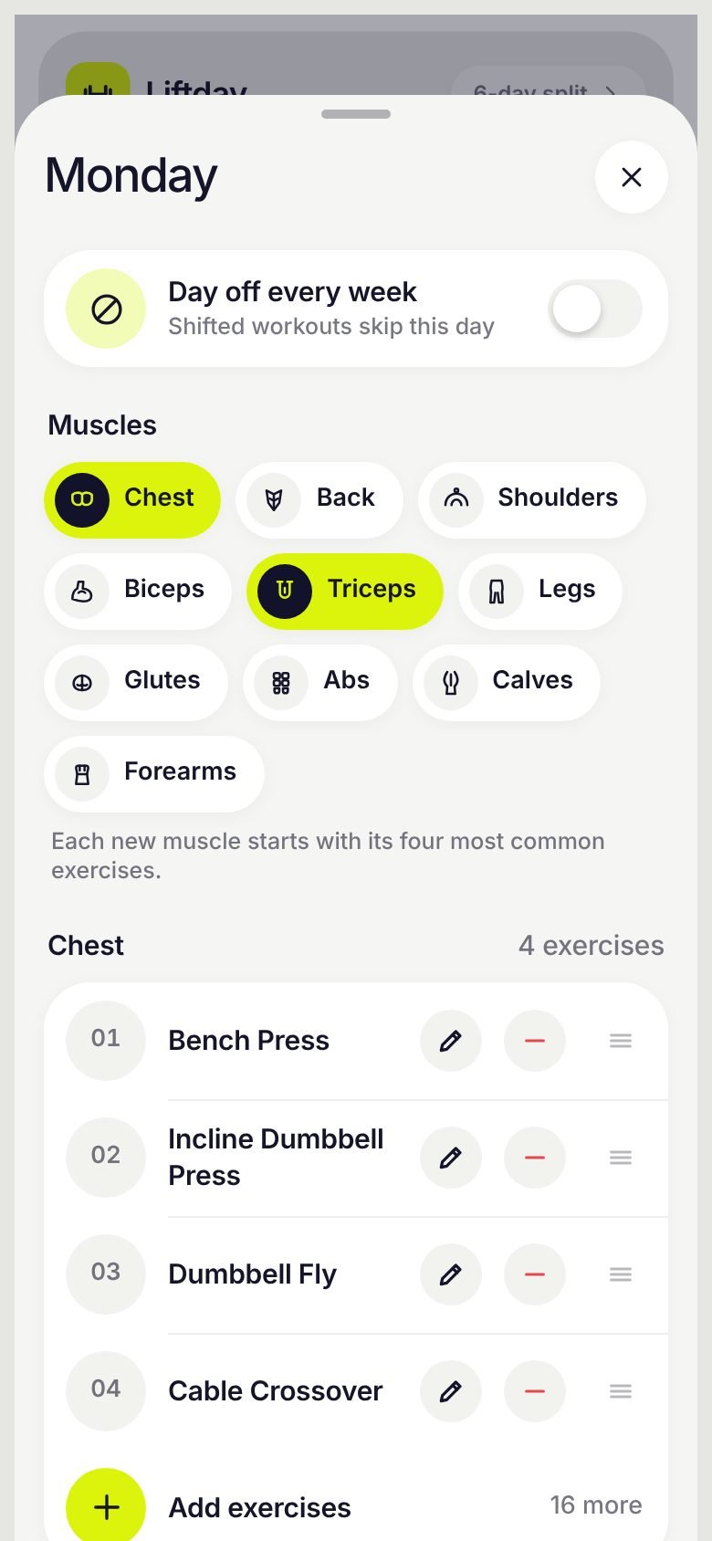 Choosing muscles and exercises for Monday
