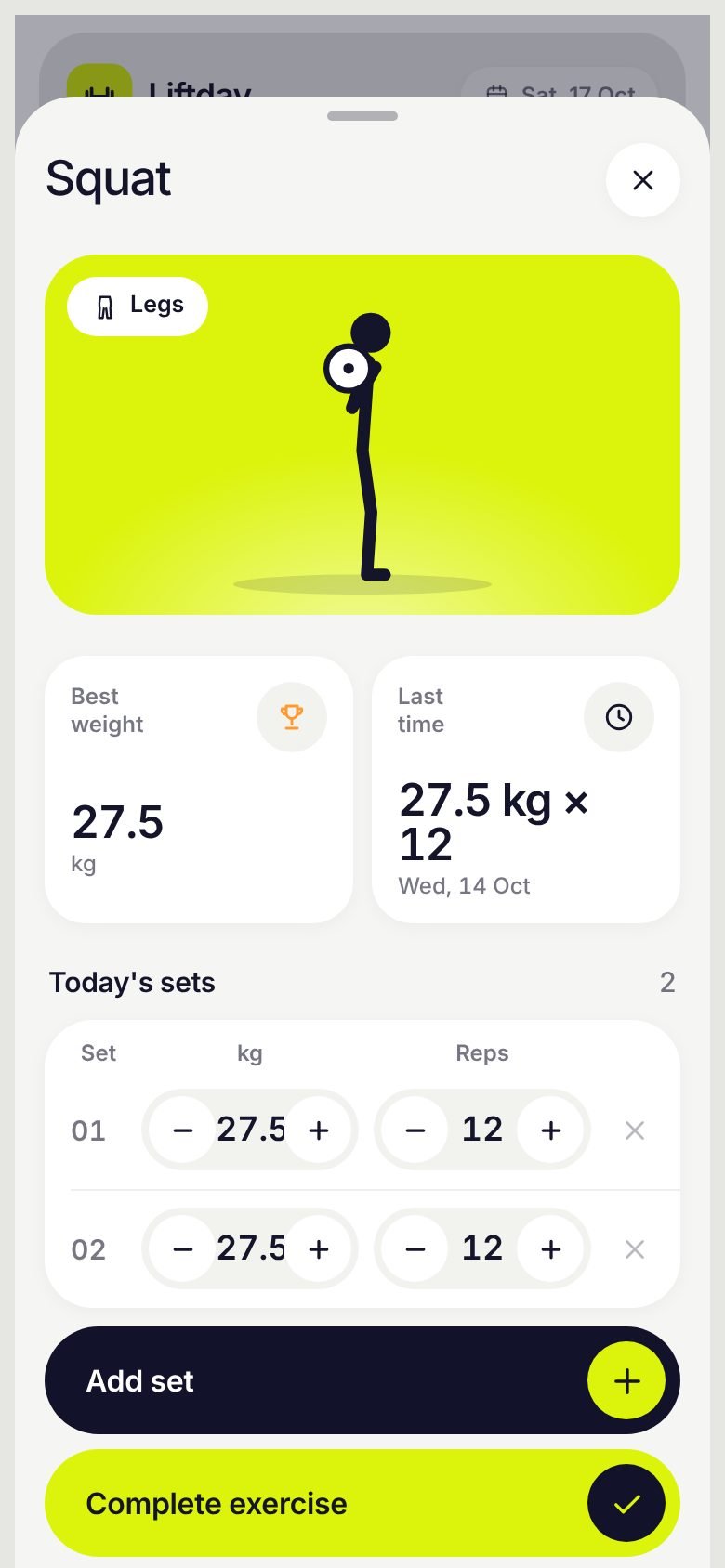 Squat exercise screen with animation, best weight and last time