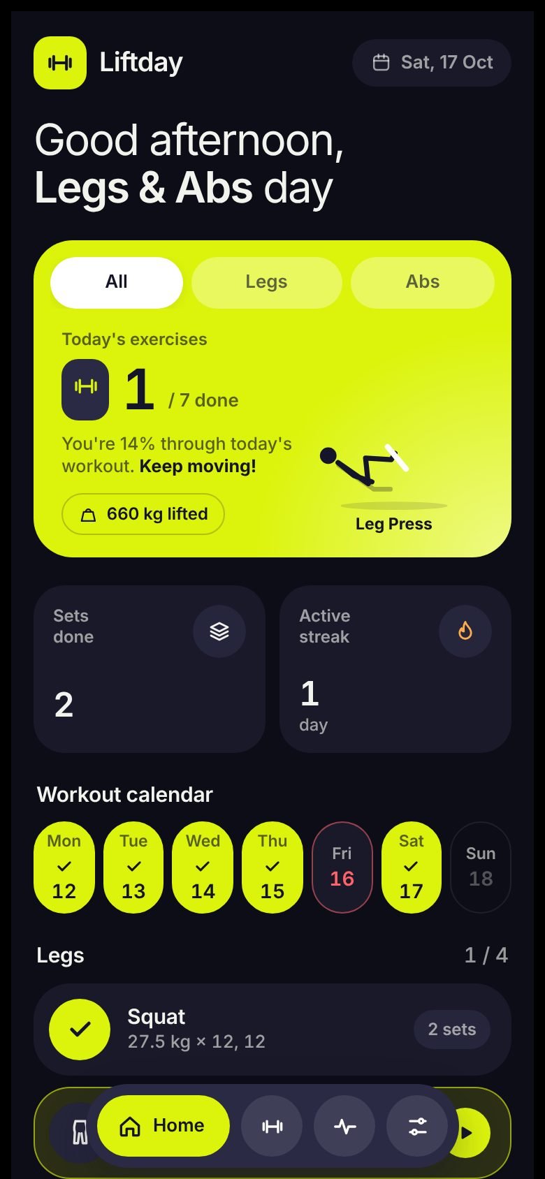 Home screen in dark mode