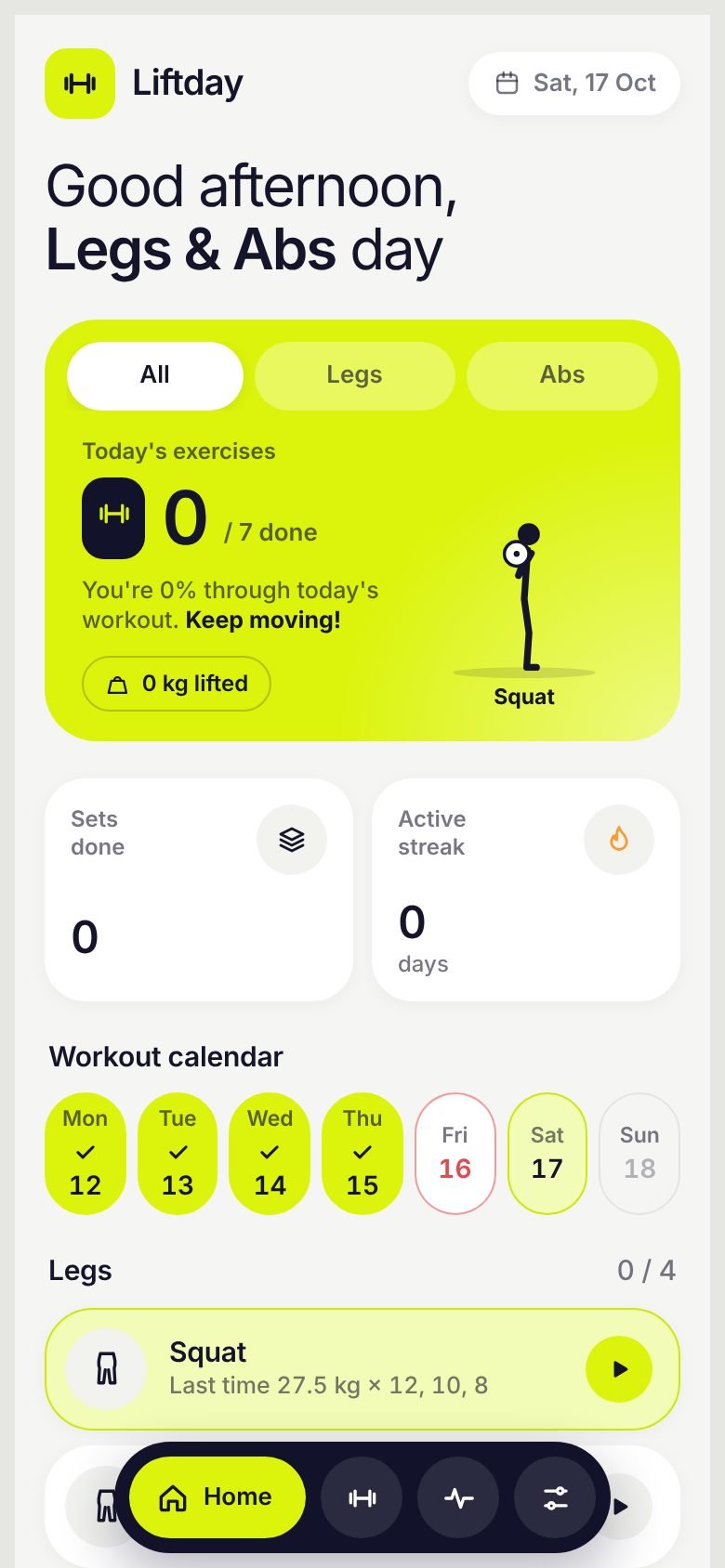 Liftday home screen showing today's Legs and Abs workout, progress and calendar