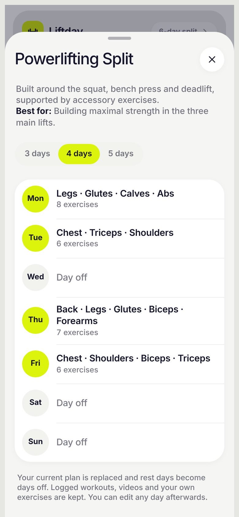 Powerlifting split preview with 3, 4 and 5 day options